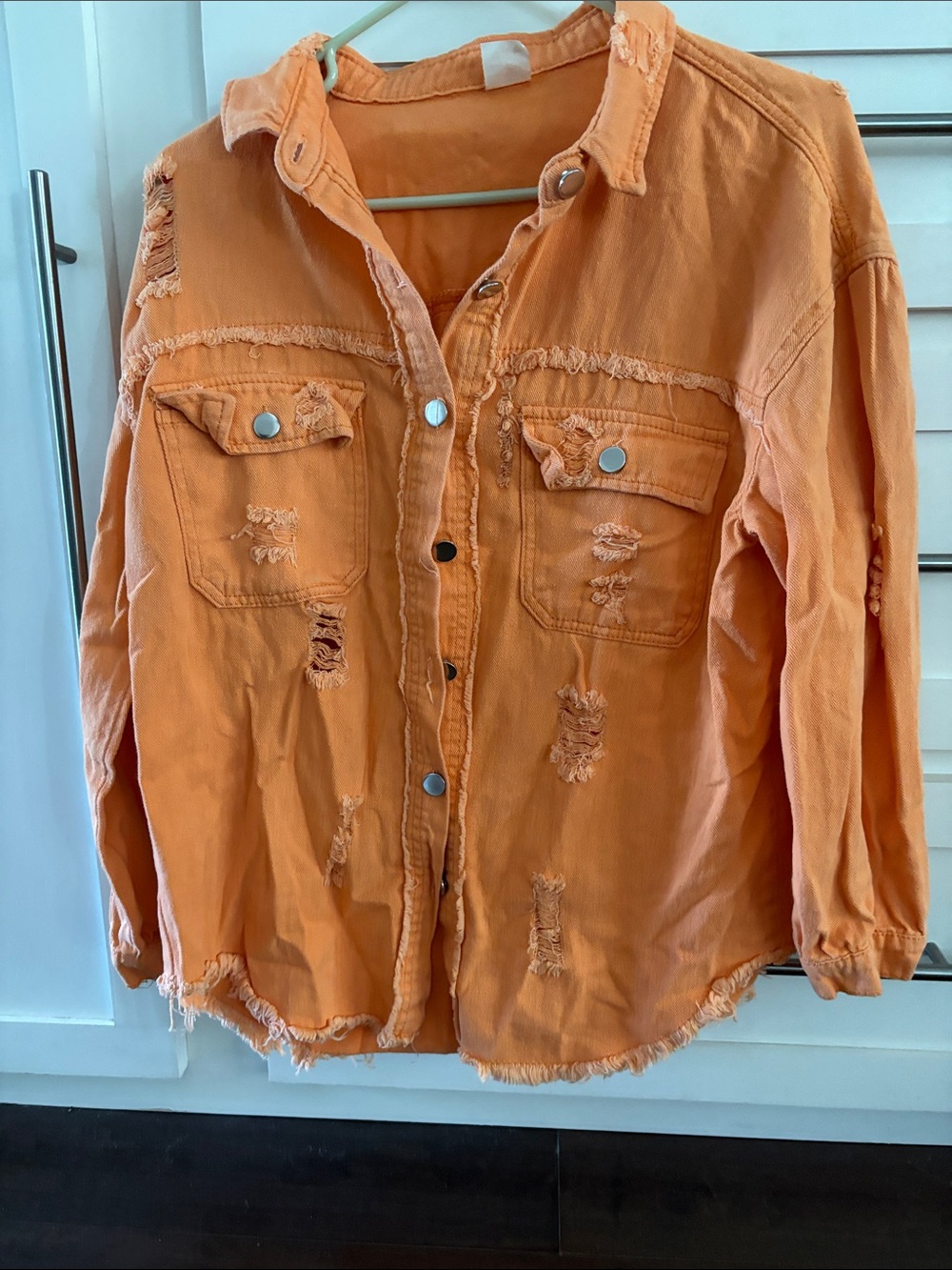 H&M Orange Distressed Button-Down Shirt Jacket